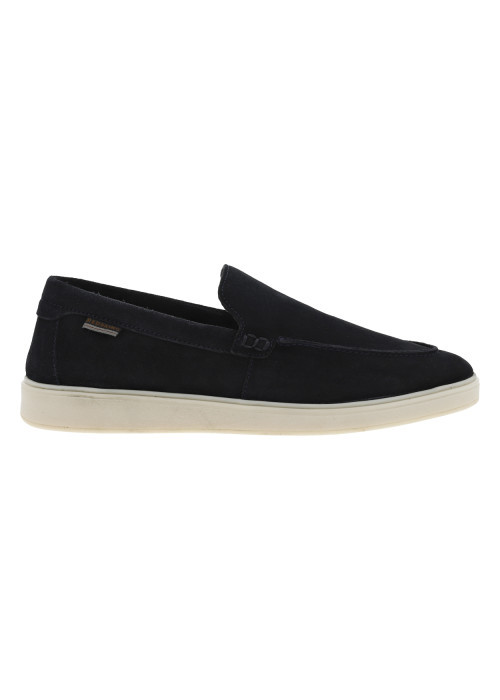 Mocassins en cuir nubuck marine à semelle écrue avec surpiqûres marine