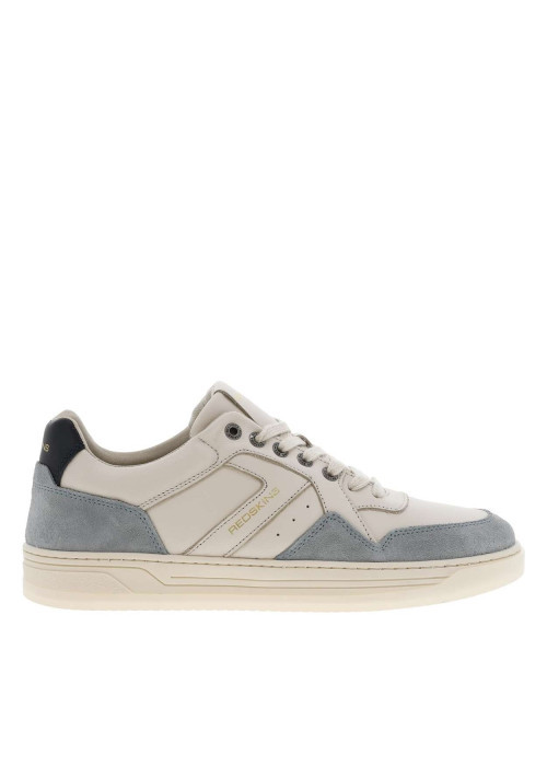 Tennis en cuir blanches et bleues à semelle translucide avec logos dorés