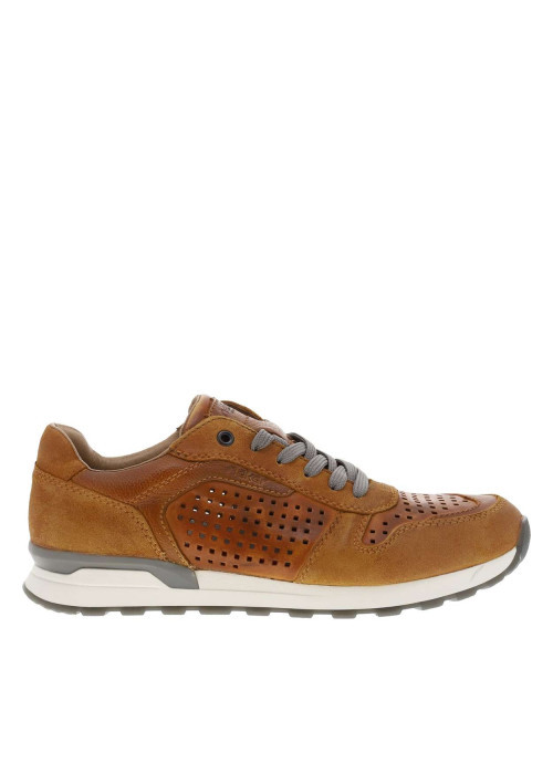 Sneakers en cuir brun à talon plat et à lacets plats et trous d'aération carrés