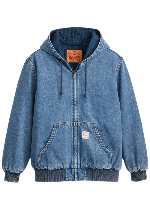 Blouson en jean bleu uni avec une coupe droite et un col à capuche