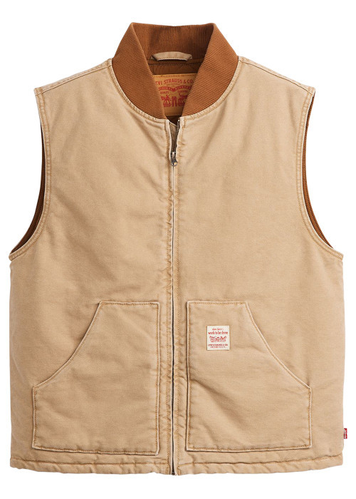 Veste sans manches en coton beige unie avec un col bomber et des grandes poches