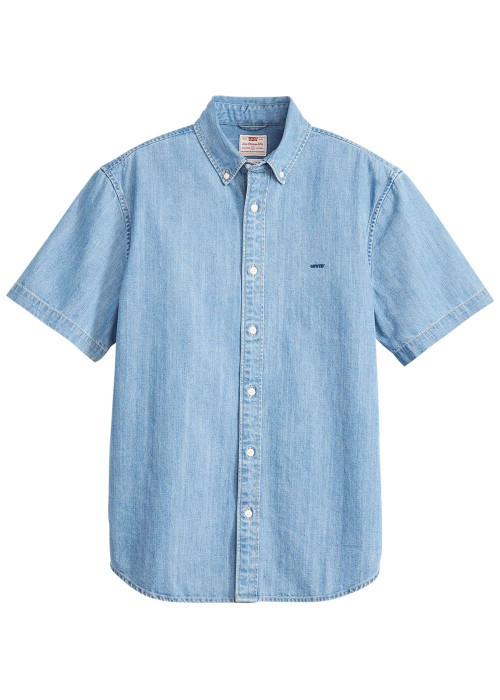 Chemise denim manches courtes en coton bleue ciel unie à coupe oversize