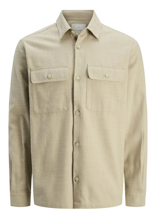 Surchemise beige unie en coton à coupe droite avec col à revers et 2 poches