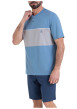 Thumbnail Pyjama court en coton bleu uni à coupe droite avec un col tunisien