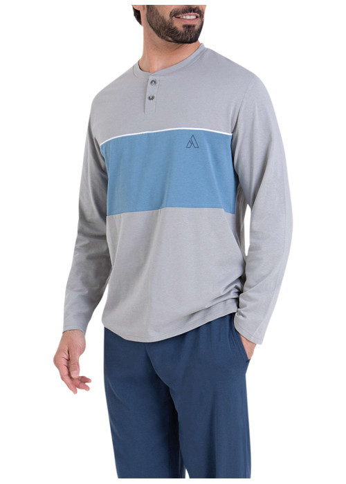 Pyjama long en coton gris uni à col tunisien avec une coupe droite