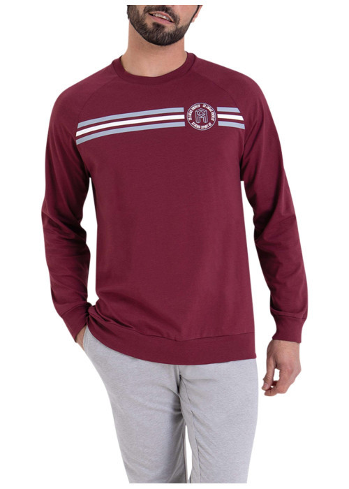 Pyjama long en coton bordeaux avec une coupe droite et un logo blanc imprimé