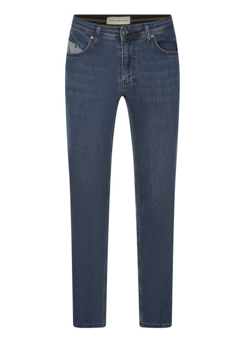 Jean en coton indigo uni avec logo brodé et passants pour ceinture