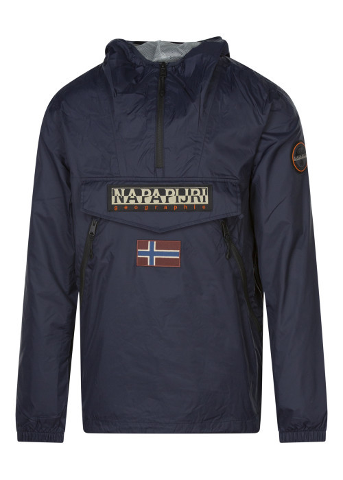 Coupe-vent à capuche bleu marine uni avec un col zippé et une coupe regular fit