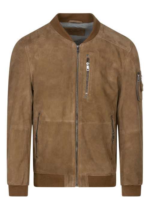 Bomber en cuir de mouton camel uni avec une coupe droite et un col à capuche