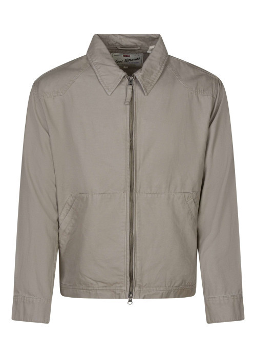 Blouson en coton beige uni avec une coupe droite et un col à revers