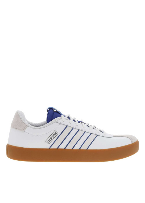 Tennis en cuir blanches et bleues à semelle marron avec lacets ronds tressés