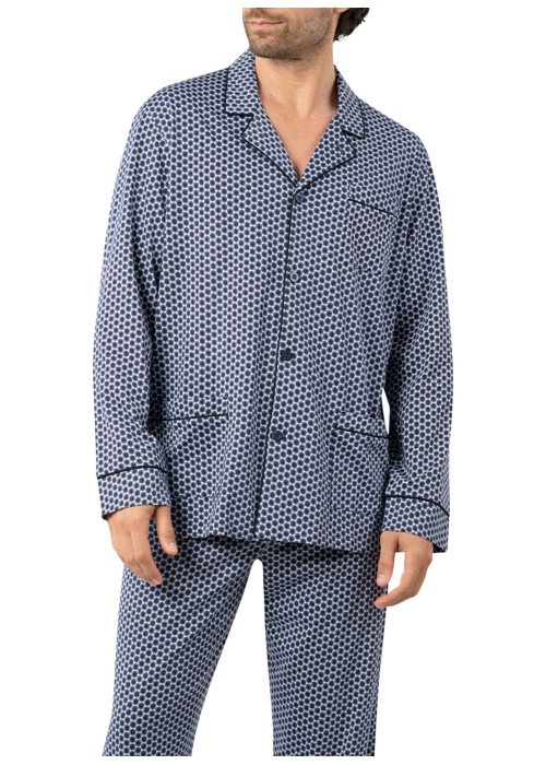 Pyjama long en coton bleu marine à motifs avec un col à revers et des poches