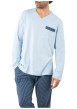 Thumbnail Pyjama long en coton bleu ciel à rayures avec un col v et une coupe droite