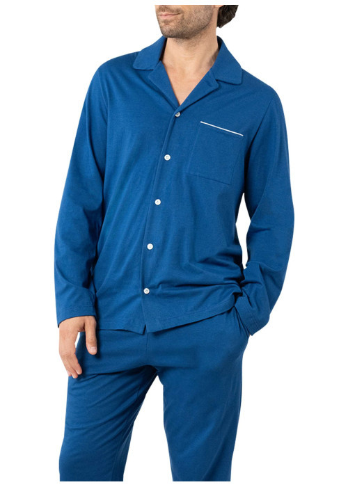 Pyjama long en coton bleu marine uni avec un col à revers et des poches