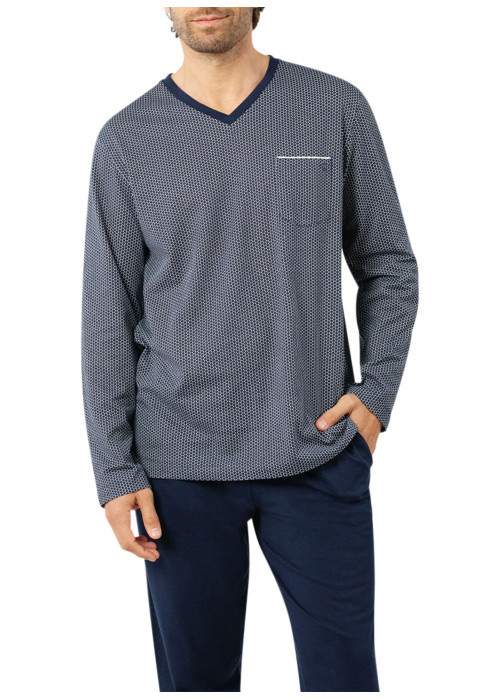 Pyjama long en coton bleu marine à petits motifs avec un col v