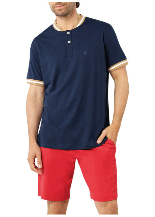 Pyjama court en coton bicolore avec une coupe droite et un col tunisien