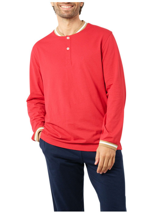 Pyjama long en coton bicolore avec une coupe droite et un col tunisien
