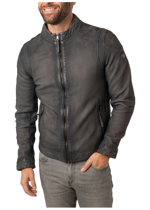 Veste en cuir de mouton gris uni à coupe regular fit avec col à capuche amovible