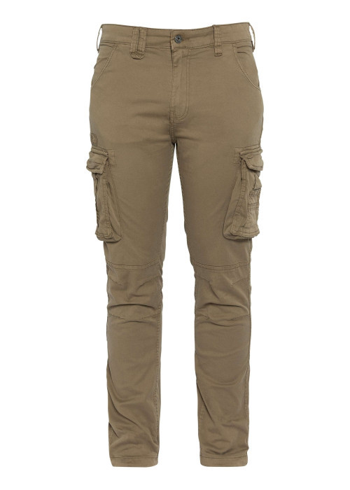 Cargo en coton kaki uni avec une coupe slim fit et des poches à rabat