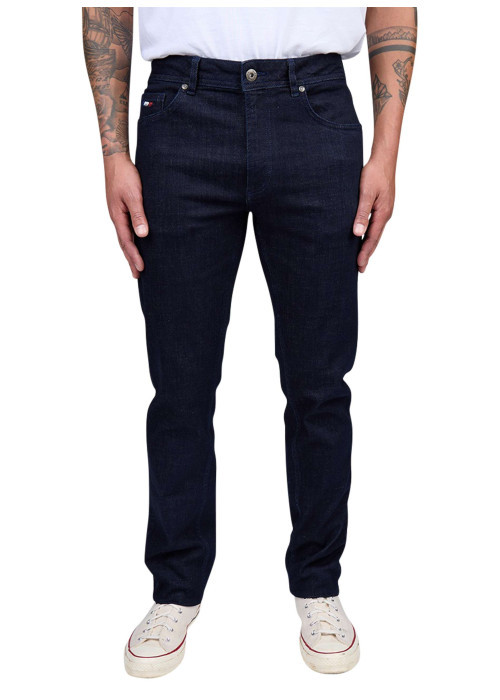 Jean 5 poches indigo en coton avec logo tricolore brodé et une coupe slim