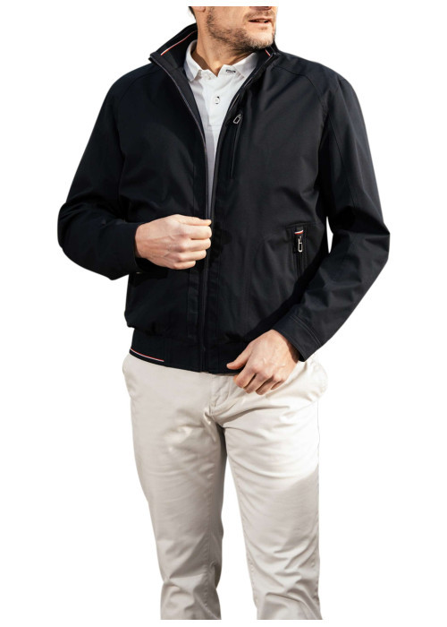 Blouson en nylon bleu marine uni zippé avec un col montant et des poches