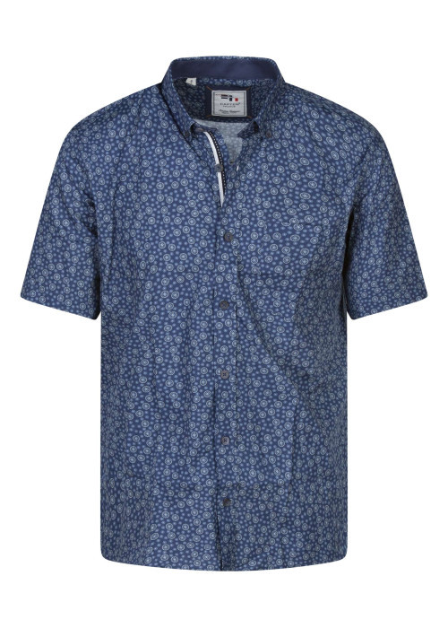 Chemise à manches courtes en coton marine à petites fleurs et à col américain