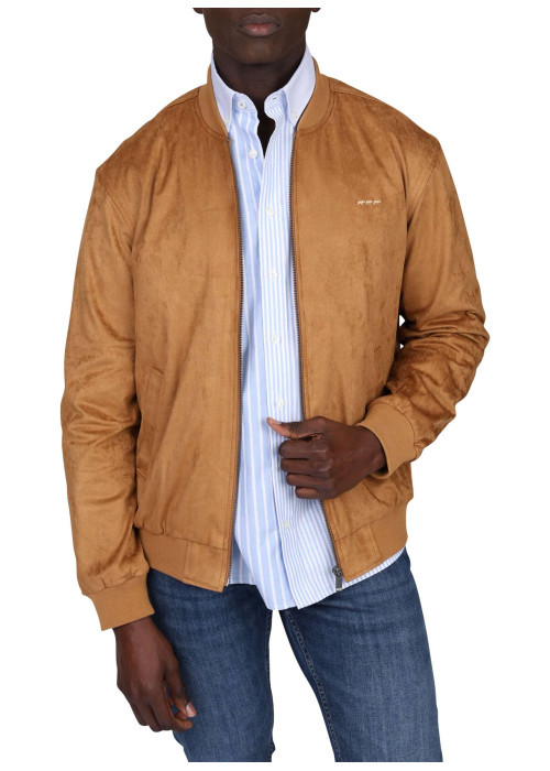 Blouson camel uni avec une coupe droite à col rond et logo iconique