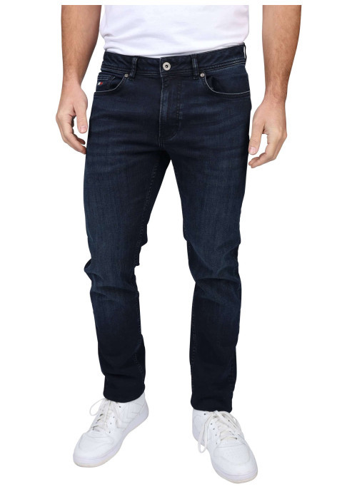 Jean en coton nuit uni avec une coupe droite et des passants pour ceinture