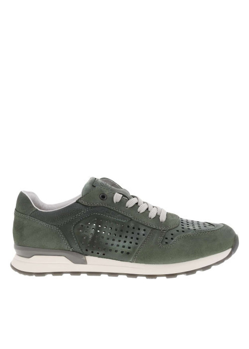 Sneakers olive en cuir perforé avec semelle blanche et grise et des lacets plats