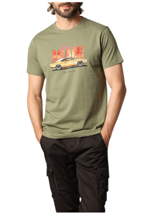 T-shirt en coton kaki imprimé avec une coupe droite et un col rond