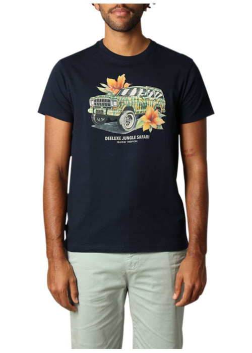 T-shirt en coton marine imprimé avec un col rond et une coupe droite