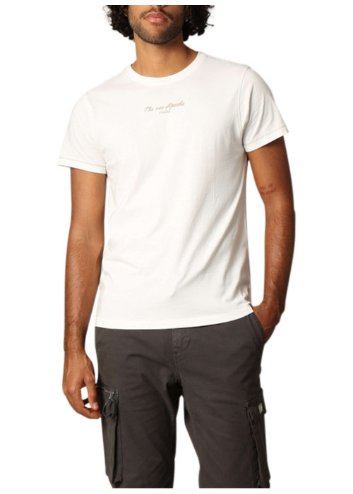 T-shirt en coton écru imprimé avec un col rond et une coupe droite