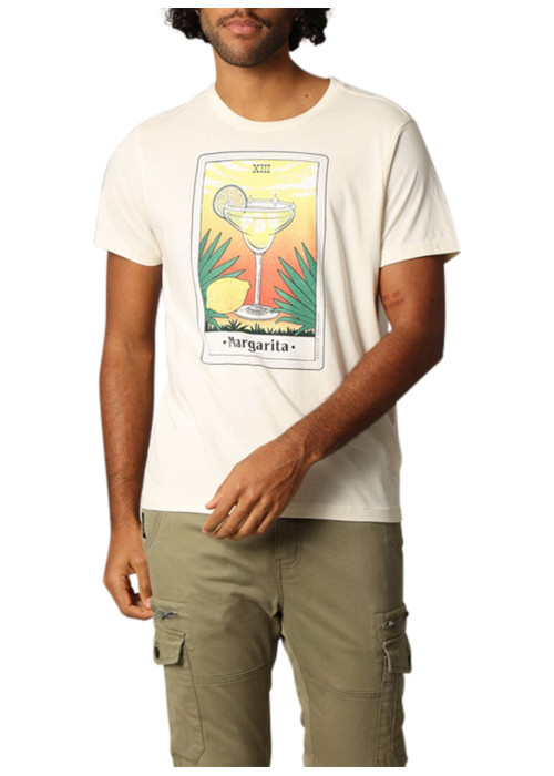 T-shirt en coton beige imprimé avec un col rond et une coupe droite