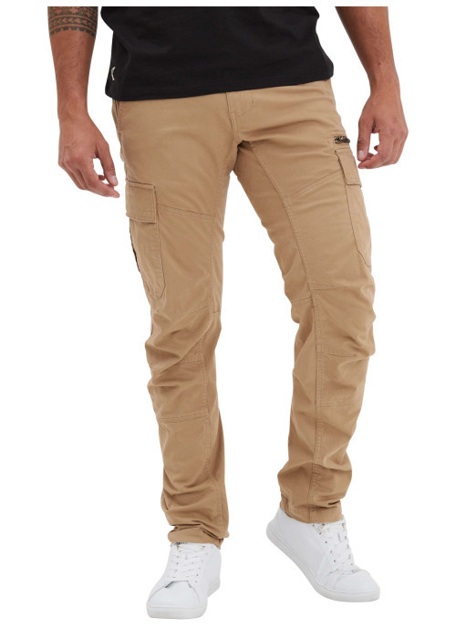 Cargo en coton beige uni à coupe regular fit et à poches à rabat sur les côtés