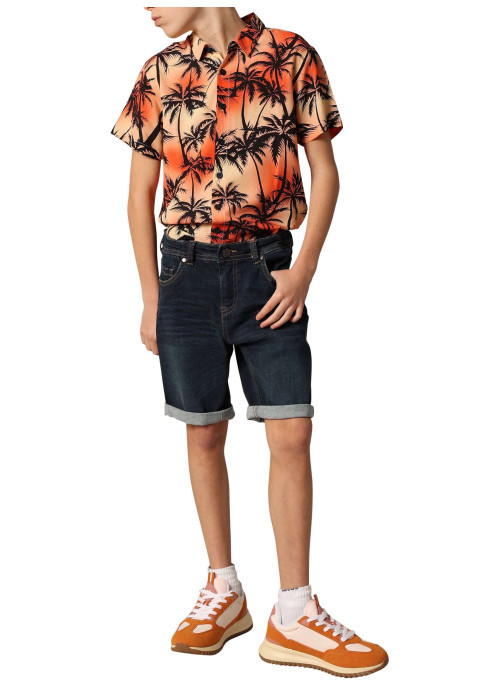 Short 5 poches en coton bleu uni à coupe regular fit avec des passants