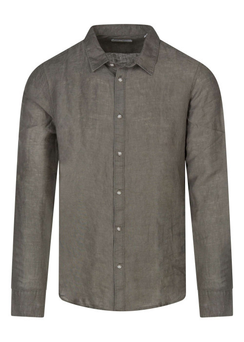 Chemise en lin kaki unie avec une coupe droite et un col à revers