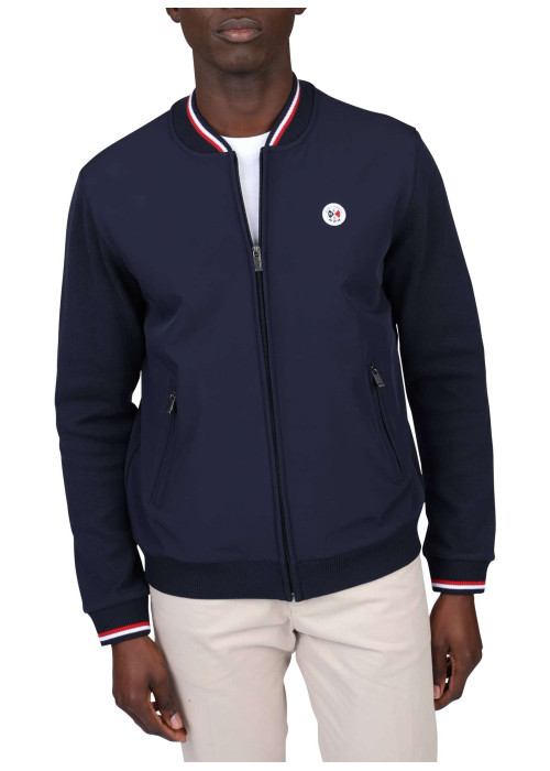 Blouson en coton mélangé marine uni avec une coupe droite et un col rond