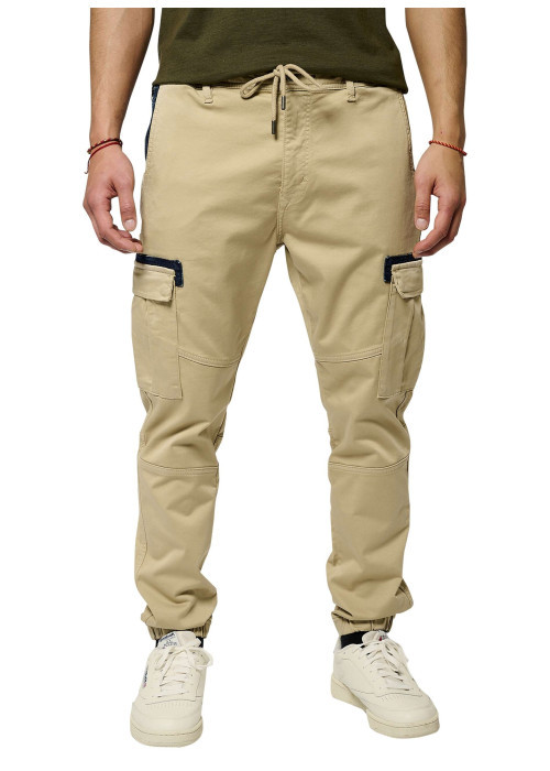Cargo en coton beige uni à coupe regular fit avec un cordon à nouer à la taille