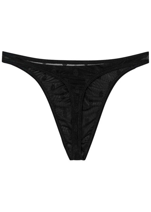 String noir transparent avec des motifs têtes de mort ton sur ton