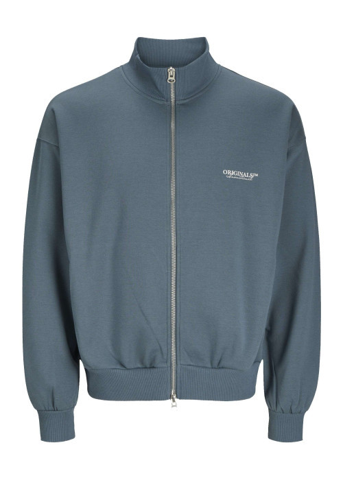 Gilet zippé bleu uni en maille piquée à coupe droite avec un col montant