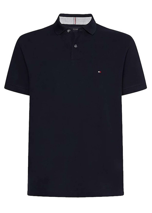 Polo marine en coton biologique fantaisie coupe droite avec un col boutonné de 2 boutons