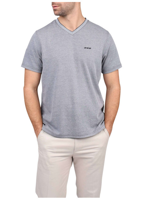 T-shirt bleu marine et blanc uni en maille piquée à coupe droite et à col v