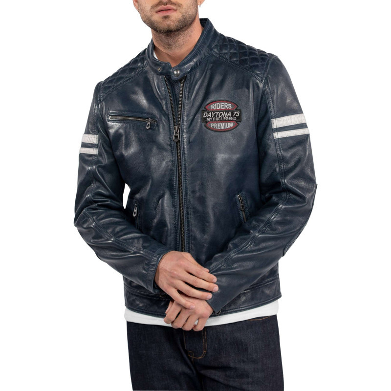 Daytona 73 - Blouson En Cuir Bleu Marine Uni Avec Des Poches Zippées Et à Coupe Ajustée - Marine Daytona 73 - Blouson En Cuir Bleu Marine Uni Avec Des Poches Zippées Et à Coupe Ajustée - Marine