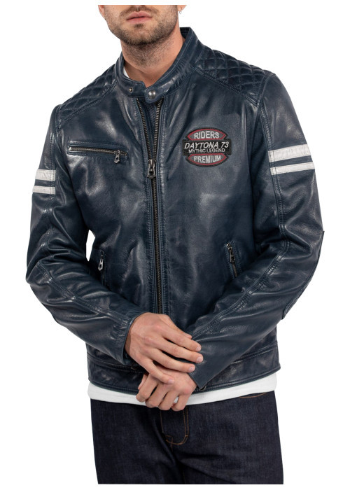 Blouson en cuir bleu marine uni avec des poches...
