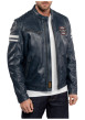Thumbnail Blouson en cuir bleu marine uni avec des poches zippées et à coupe ajustée - Image 2
