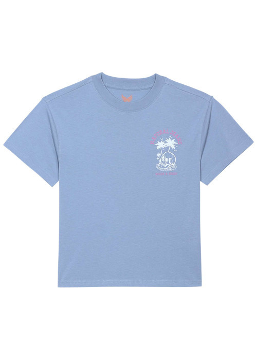 T-shirt en coton bleu imprimé au dos et à la poitrine à coupe droite
