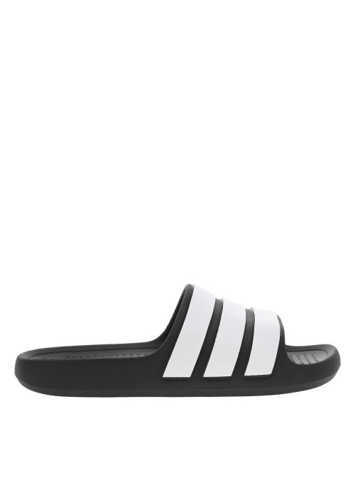 Claquettes noires avec des bandes blanches à l'avant et à semelle plate