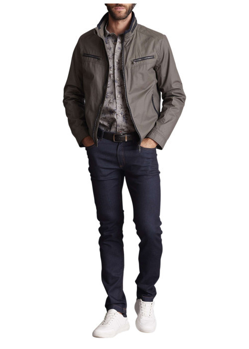 Blouson en coton kaki uni à col montant avec des poches zippées à la poitrine