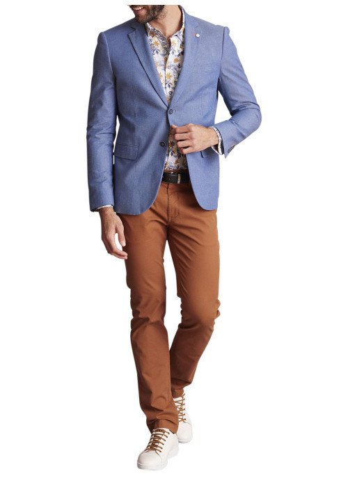 Blazer en coton mélangé bleu uni à coupe ajustée fermé par deux boutons