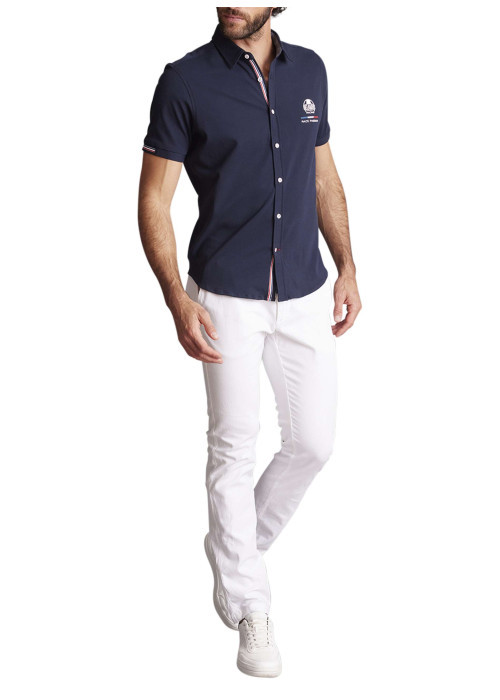Chemise à manches courtes en coton bleue marine unie à coupe slim fit